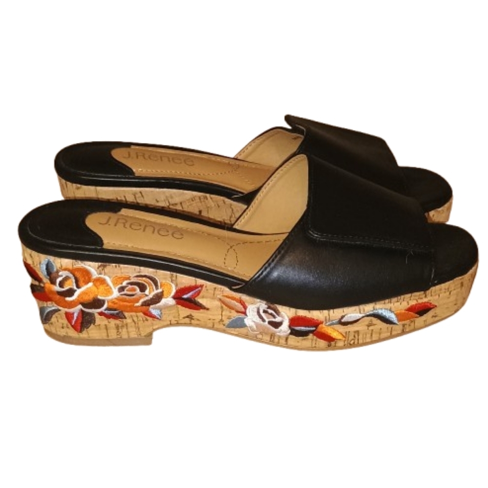 J Renee 6.5M Black Slide Sandals Cork Wedge‎ Embroidered Floral Platform...